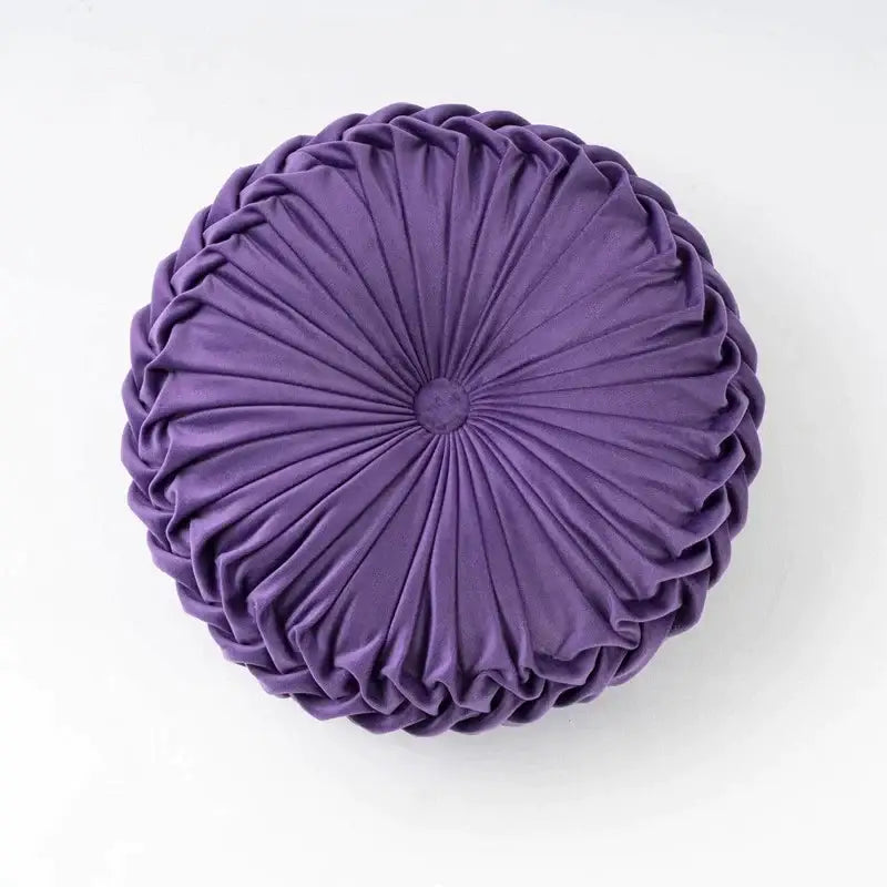 Purple round throw pillow with pleated radial velvet design for living room decorbites 3d pumpkin style