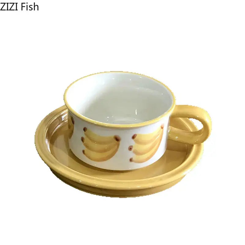 Yellow ceramic cup and saucer set with banana decorbites fruits pattern porcelain for dining room use