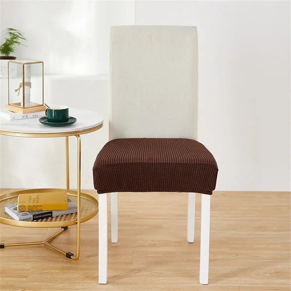Brown ribbed fleece chair cover stretch fit over white dining chair for seat protection and decoration