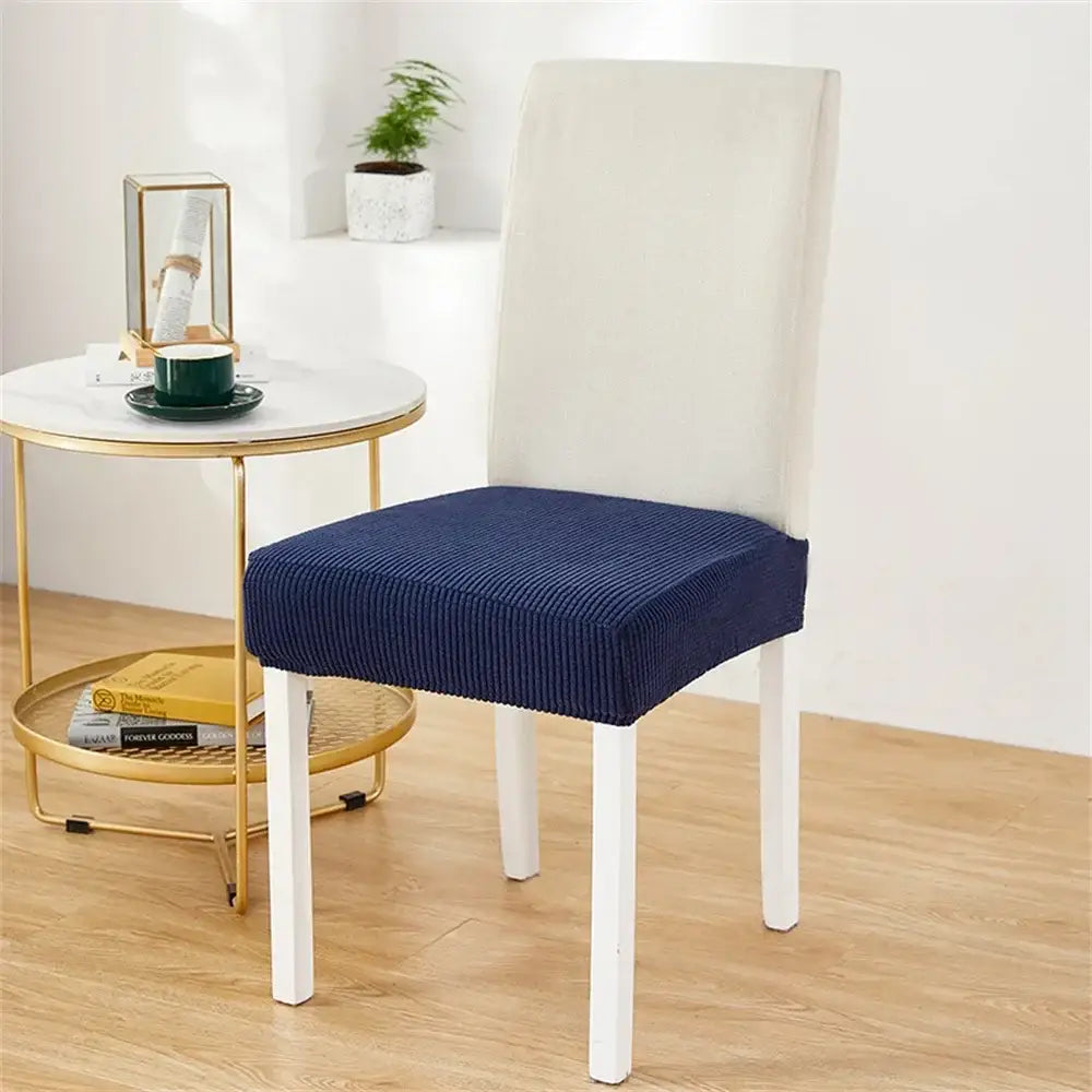 Navy blue ribbed stretch chair cover made of fleece for dining room seat protection as a fleece chair cover