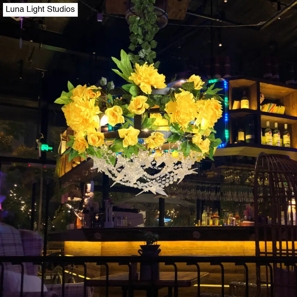 Yellow Round Industrial Iron Ceiling Chandelier - 3-Light Restaurant Pendant Lamp with Crystal and Flower Design