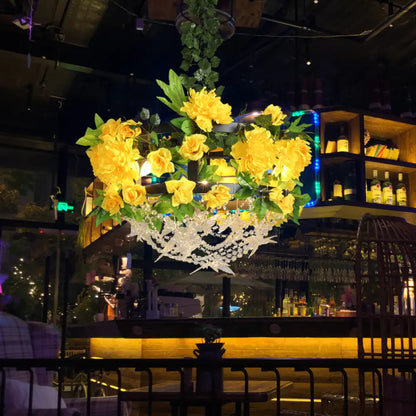 Yellow Round Industrial Iron Ceiling Chandelier - 3-Light Restaurant Pendant Lamp with Crystal and Flower Design