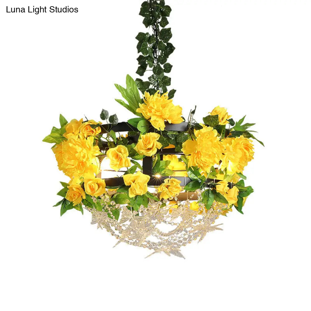 Yellow Round Industrial Iron Ceiling Chandelier - 3-Light Restaurant Pendant Lamp with Crystal and Flower Design