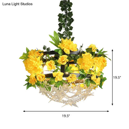 Yellow Round Industrial Iron Ceiling Chandelier - 3-Light Restaurant Pendant Lamp with Crystal and Flower Design