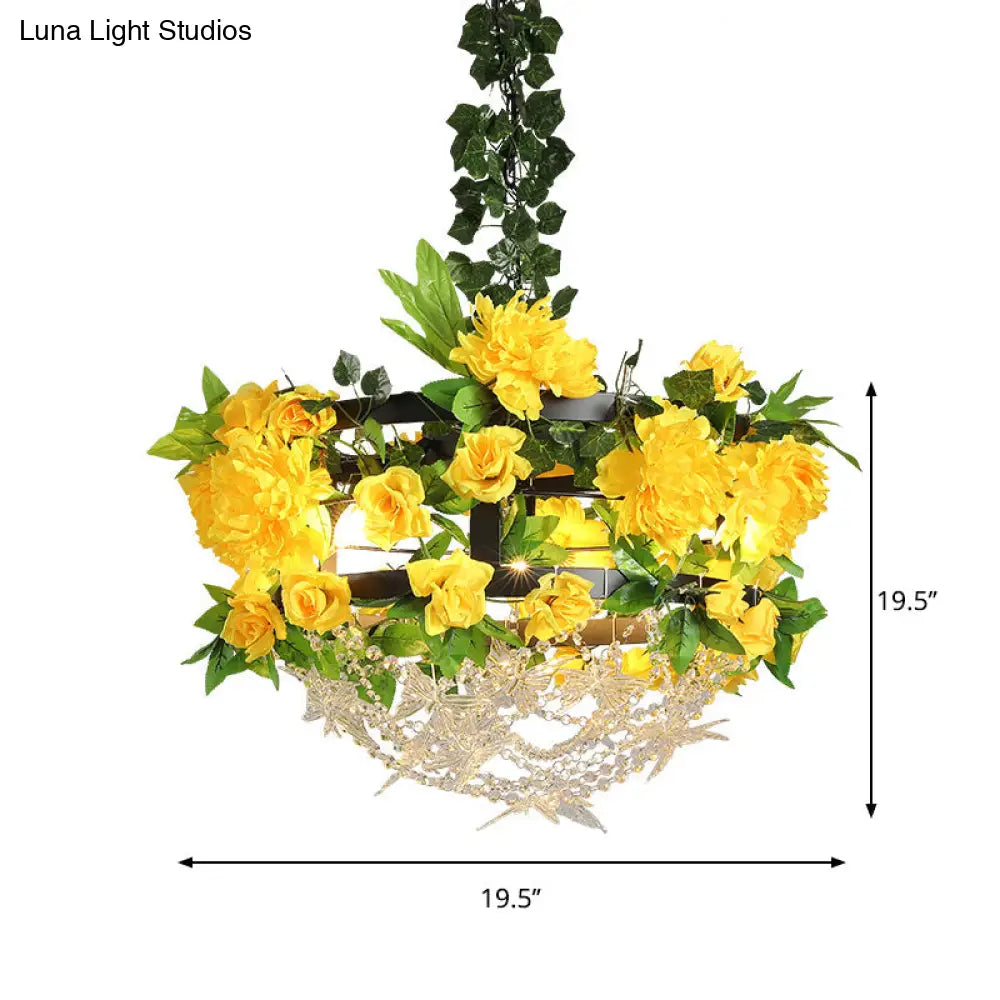 Yellow Round Industrial Iron Ceiling Chandelier - 3-Light Restaurant Pendant Lamp with Crystal and Flower Design