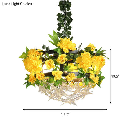 Yellow Round Industrial Iron Ceiling Chandelier - 3-Light Restaurant Pendant Lamp with Crystal and Flower Design