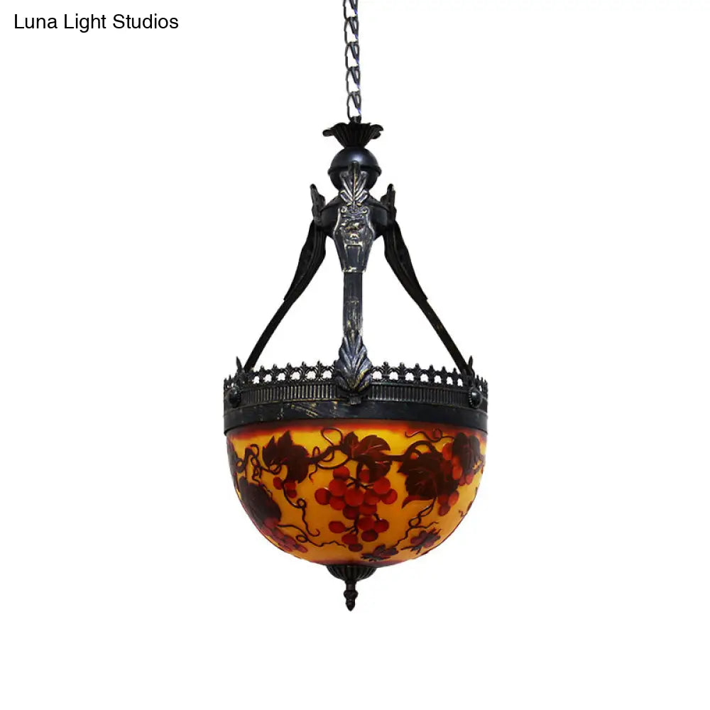 Yellow Stained Glass Mediterranean Flower Chandelier - 3-Light Pendant Lamp, 12"/16" Wide