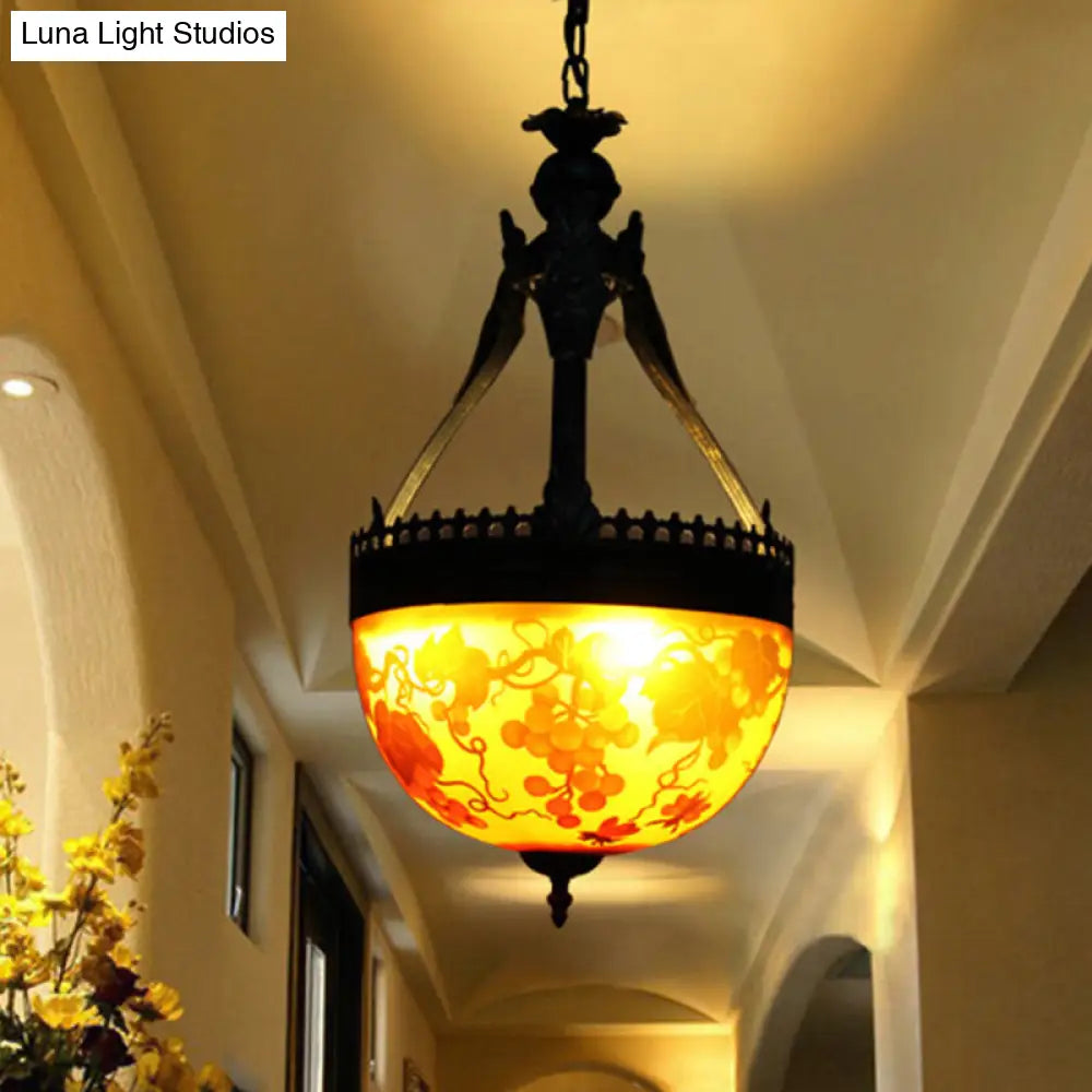 Yellow Stained Glass Mediterranean Flower Chandelier - 3-Light Pendant Lamp, 12"/16" Wide