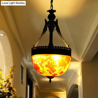 Yellow Stained Glass Mediterranean Flower Chandelier - 3-Light Pendant Lamp, 12"/16" Wide