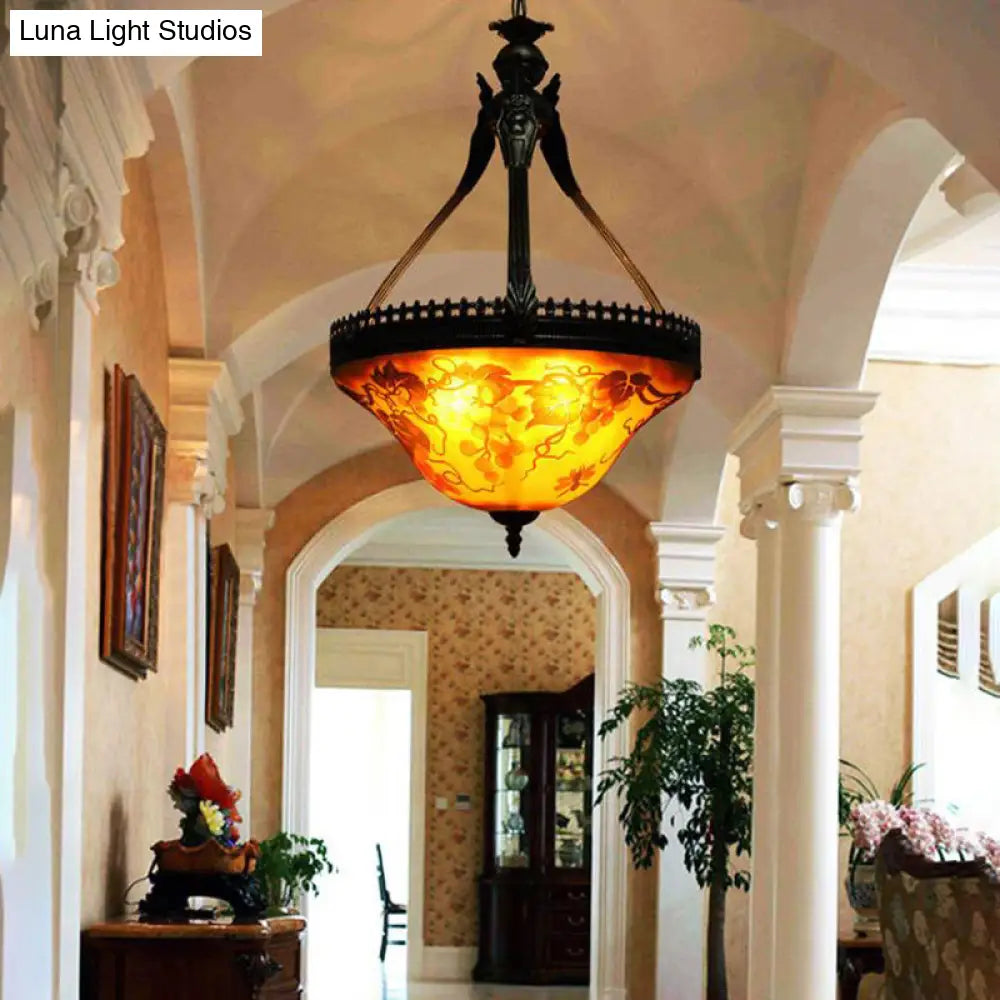 Yellow Stained Glass Mediterranean Flower Chandelier - 3-Light Pendant Lamp, 12"/16" Wide