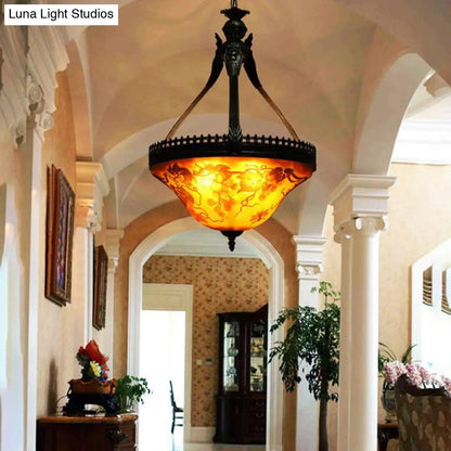 Yellow Stained Glass Mediterranean Flower Chandelier - 3-Light Pendant Lamp, 12"/16" Wide