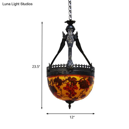 Yellow Stained Glass Mediterranean Flower Chandelier - 3-Light Pendant Lamp, 12"/16" Wide
