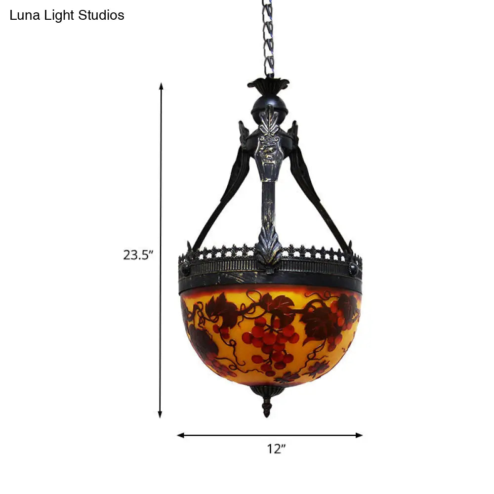 Yellow Stained Glass Mediterranean Flower Chandelier - 3-Light Pendant Lamp, 12"/16" Wide