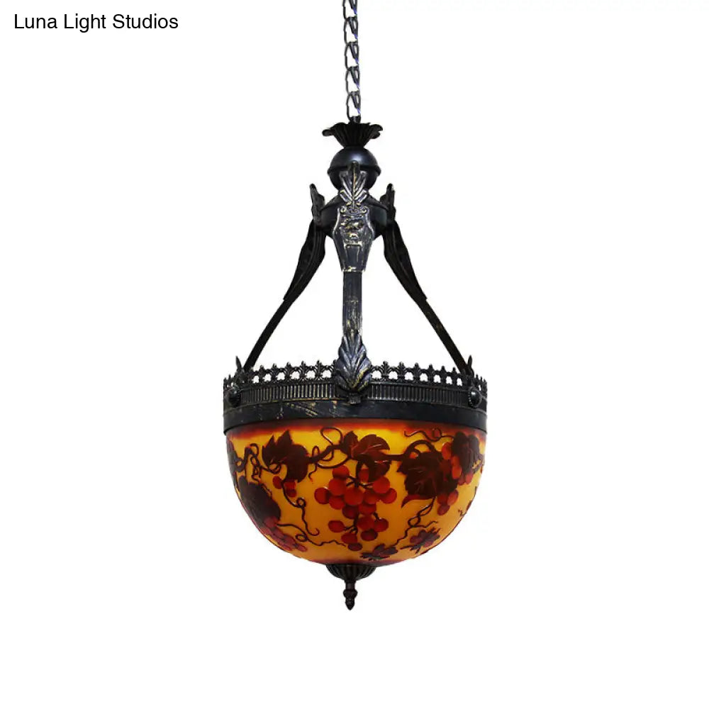 Yellow Stained Glass Mediterranean Flower Chandelier - 3-Light Pendant Lamp, 12"/16" Wide