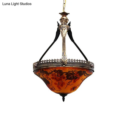Yellow Stained Glass Mediterranean Flower Chandelier - 3-Light Pendant Lamp, 12"/16" Wide