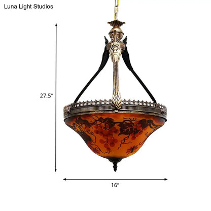 Yellow Stained Glass Mediterranean Flower Chandelier - 3-Light Pendant Lamp, 12"/16" Wide