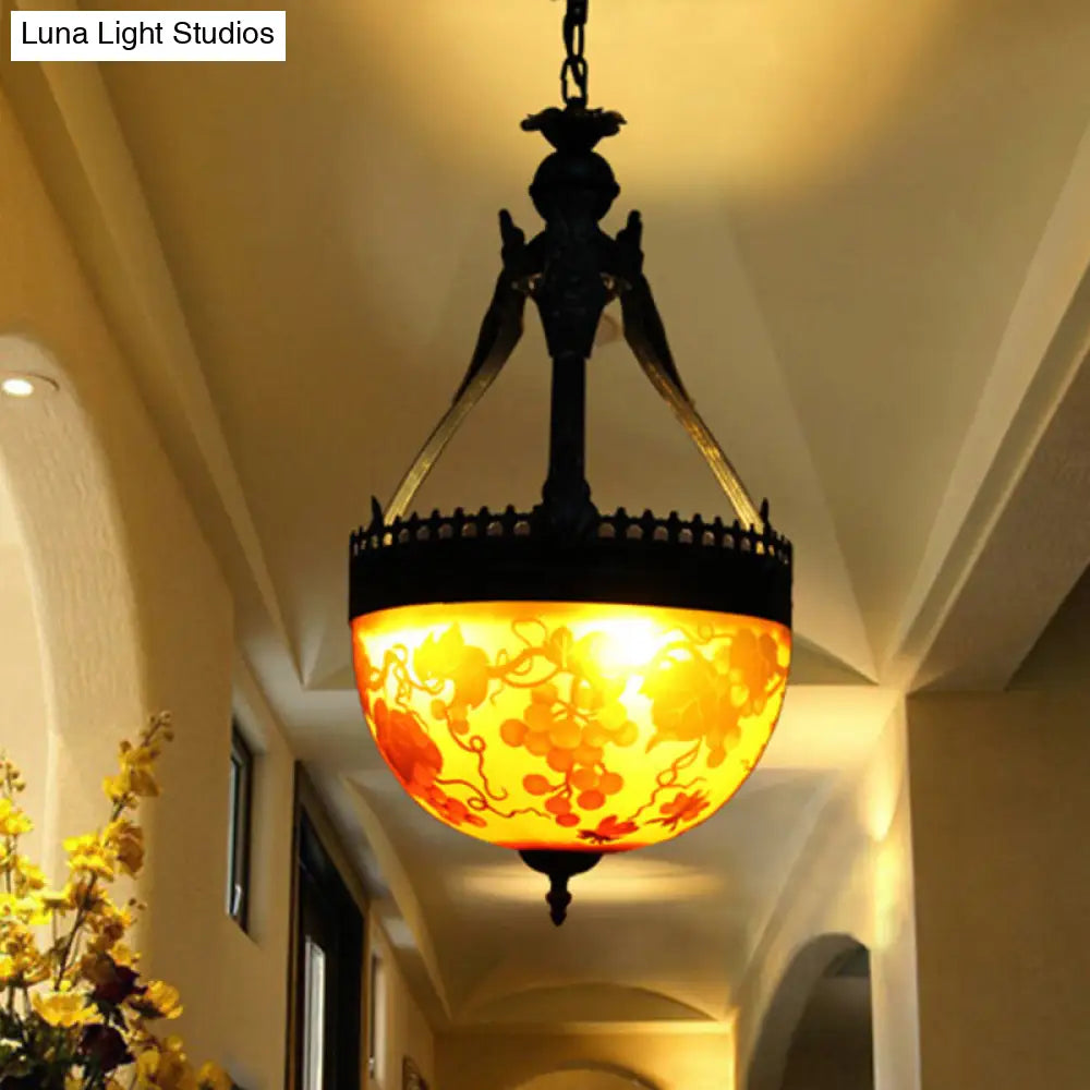 Yellow Stained Glass Mediterranean Flower Chandelier - 3-Light Pendant Lamp, 12"/16" Wide