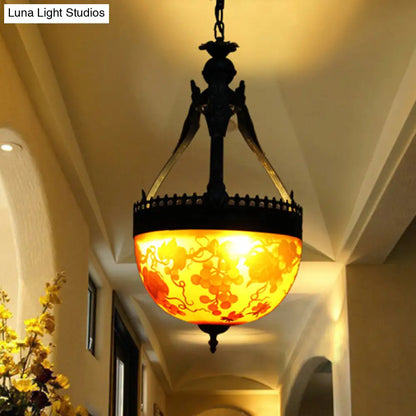 Yellow Stained Glass Mediterranean Flower Chandelier - 3-Light Pendant Lamp, 12"/16" Wide