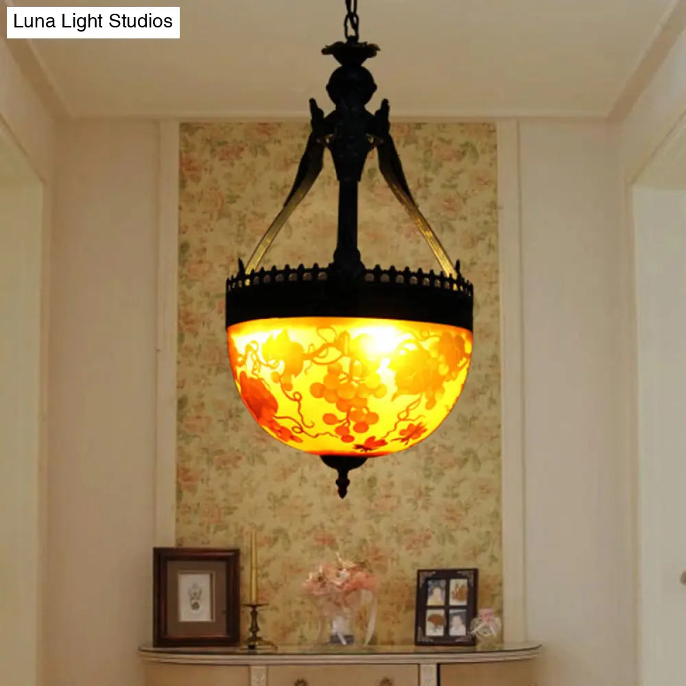 Yellow Stained Glass Mediterranean Flower Chandelier - 3-Light Pendant Lamp, 12"/16" Wide