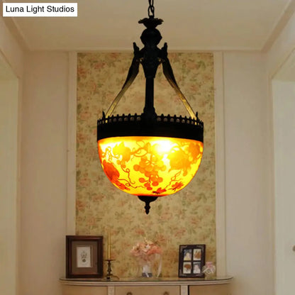 Yellow Stained Glass Mediterranean Flower Chandelier - 3-Light Pendant Lamp, 12"/16" Wide