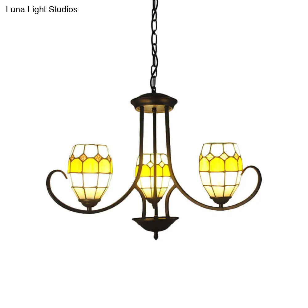 Yellow Stained Glass Tiffany Chandelier with 3 Oval Pendant Lights for Bedroom Lighting