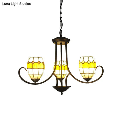 Yellow Stained Glass Tiffany Chandelier with 3 Oval Pendant Lights for Bedroom Lighting