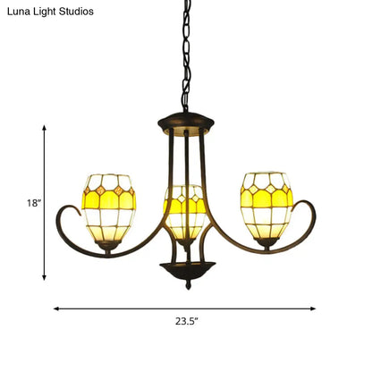 Yellow Stained Glass Tiffany Chandelier with 3 Oval Pendant Lights for Bedroom Lighting