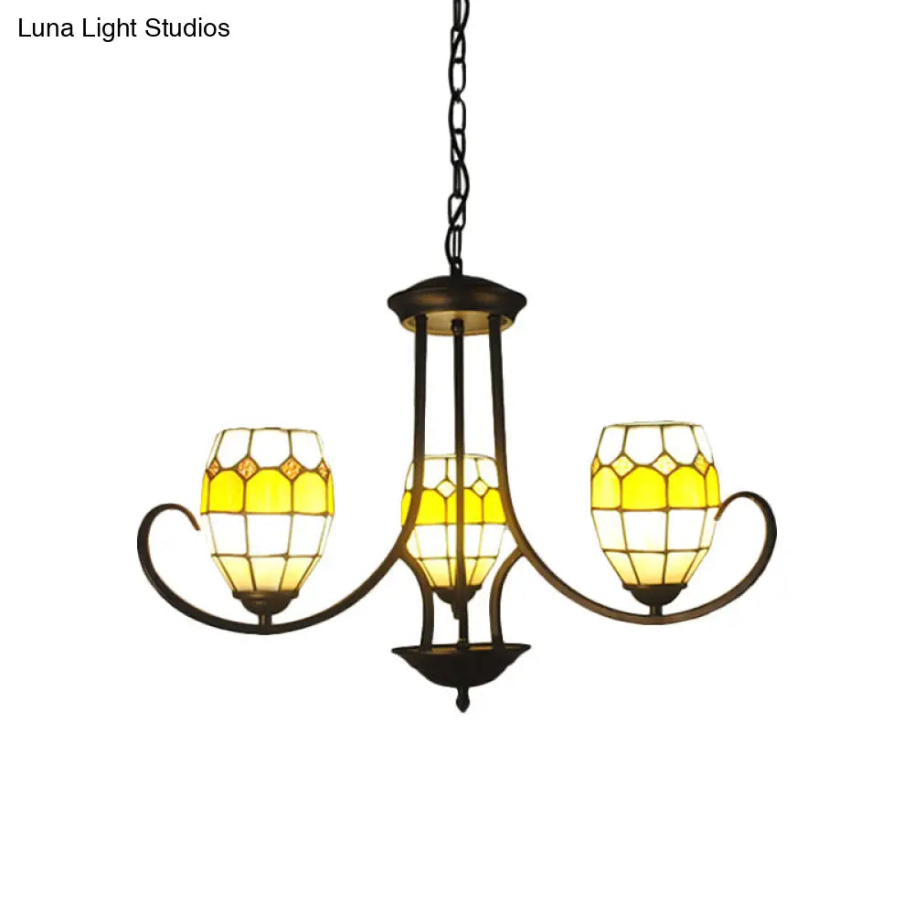 Yellow Stained Glass Tiffany Chandelier with 3 Oval Pendant Lights for Bedroom Lighting