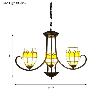 Yellow Stained Glass Tiffany Chandelier with 3 Oval Pendant Lights for Bedroom Lighting
