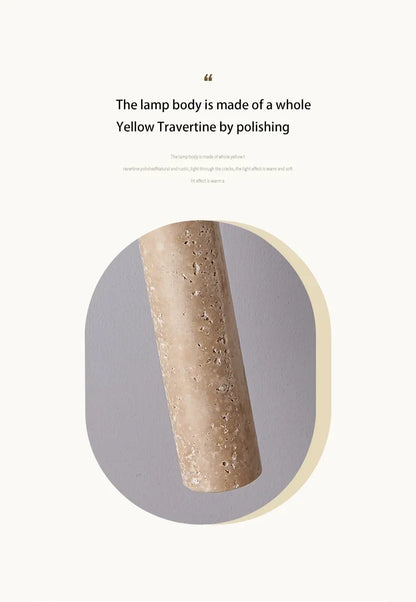 Polished yellow travertine stone pendant light with natural textured surface and subtle imperfections for bedroom use