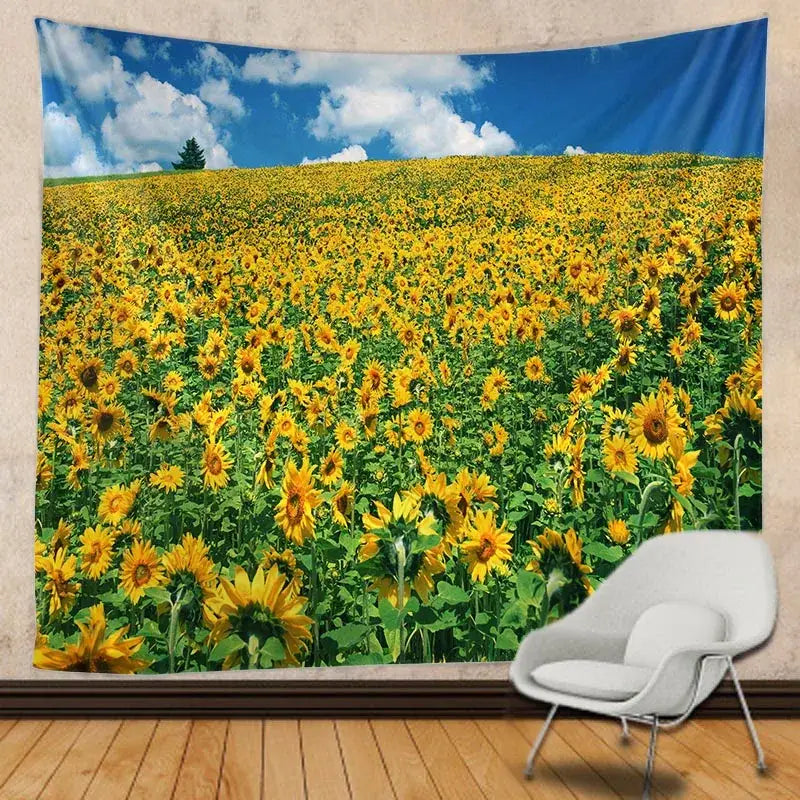 Yellow sunflower hippie bohemian tapestry with green foliage and blue sky for bedroom wall hanging datura hippie bohemian
