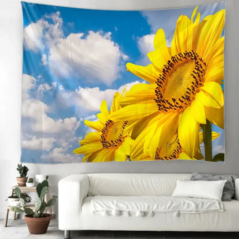 Vibrant yellow sunflower hippie bohemian tapestry with detailed petals and dark brown centers for bedroom wall hanging