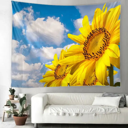 Vibrant yellow sunflower hippie bohemian tapestry with detailed petals and dark brown centers for bedroom wall hanging