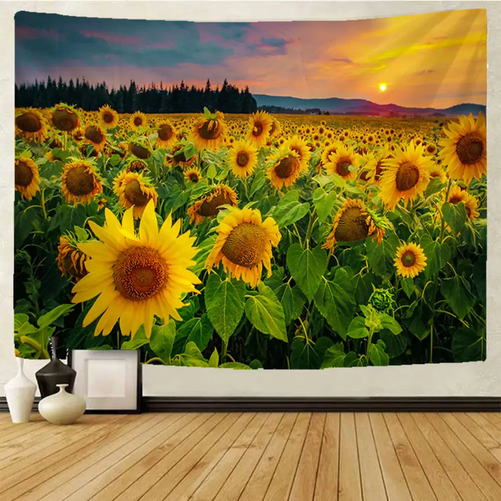 Yellow sunflower hippie bohemian tapestry wall hanging with vibrant sunset over hills printed on rich fabric for bedroom decor