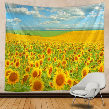 Vibrant yellow sunflower hippie bohemian tapestry hanging on wall for bedroom decor with datura hippie style