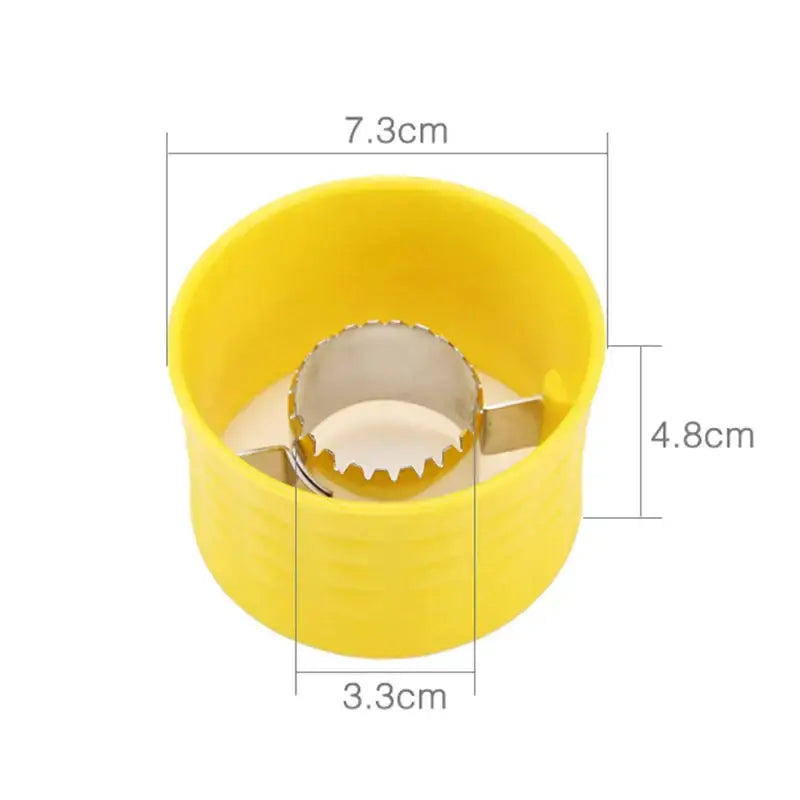 Yellow textured grip corn peeler tool with yellow plastic body and serrated metallic apple corer blade for decorbites corn peeler