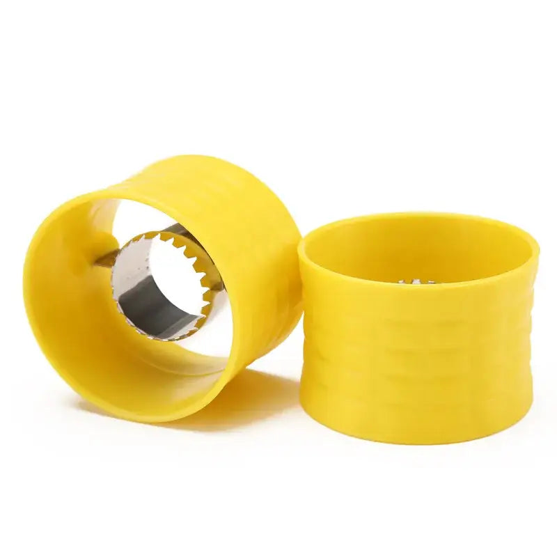 Yellow silicone-handled corn peeler tool with a metallic serrated blade for kitchen kernel removal decorbites corn peeler