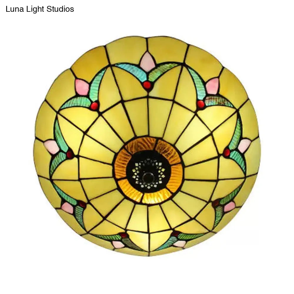 DecorBites™ DecorBites™ Yellow Tiffany Style Ceiling Light: Bedroom Flushmount Art Glass Bowl Shade