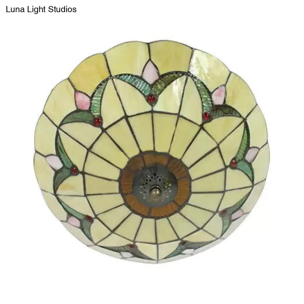 DecorBites™ DecorBites™ Yellow Tiffany Style Ceiling Light: Bedroom Flushmount Art Glass Bowl Shade