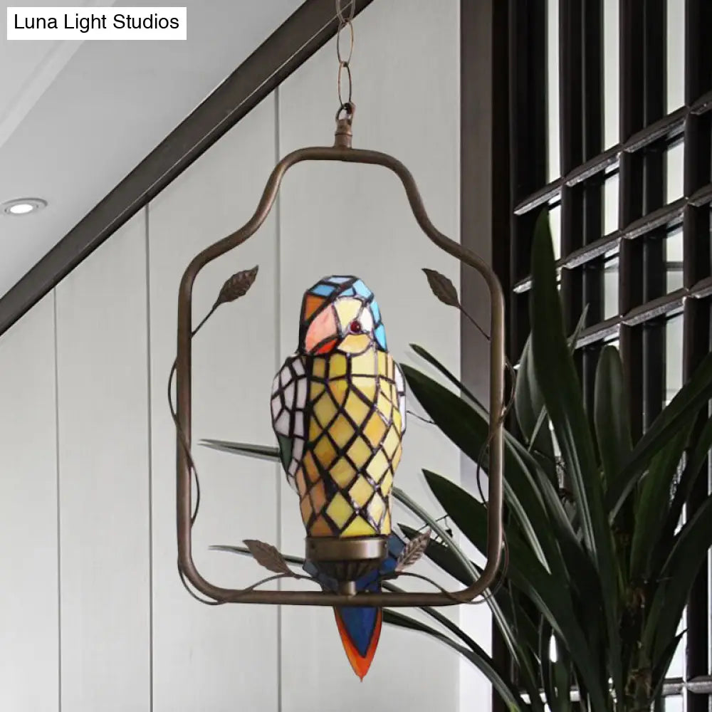 Yellow Tiffany Style Parrot Shaped Wall Sconce Light - Hand Cut Glass, Perch Swing Included