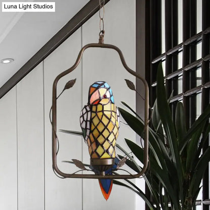 Yellow Tiffany Style Parrot Shaped Wall Sconce Light - Hand Cut Glass, Perch Swing Included