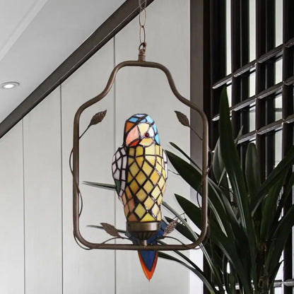 Yellow Tiffany Style Parrot Shaped Wall Sconce Light - Hand Cut Glass, Perch Swing Included