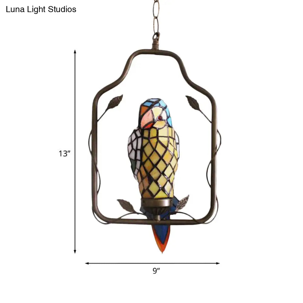 Yellow Tiffany Style Parrot Shaped Wall Sconce Light - Hand Cut Glass, Perch Swing Included