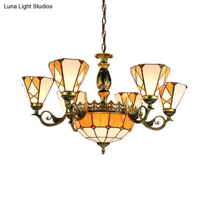 Yellow Tiffany-Style Stained Glass Pendant Chandelier for Bedroom - 9-Light Ceiling Lamp