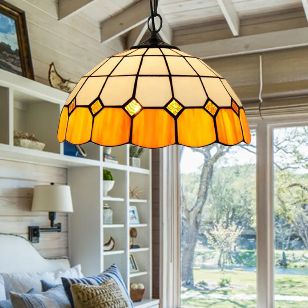 Yellow Tiffany-Style Stained Glass Pendant Light Fixture for Living Room