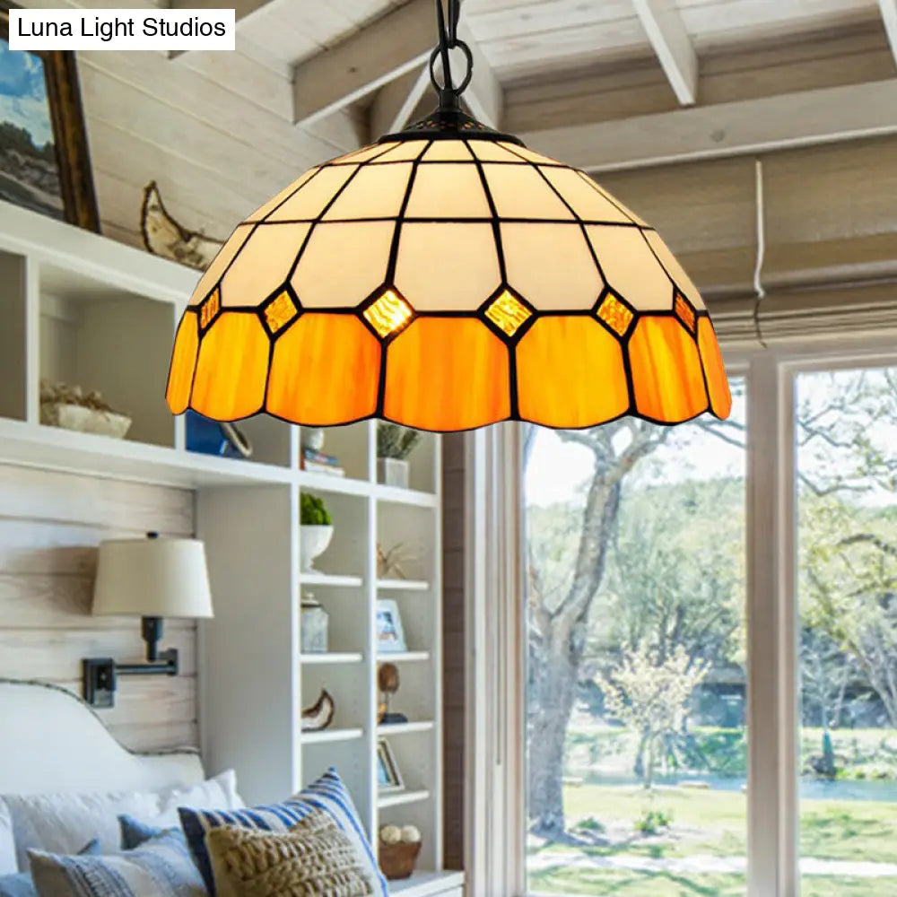 Yellow Tiffany-Style Stained Glass Pendant Light Fixture for Living Room