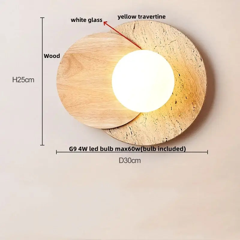 Yellow travertine circular led wall lights featuring layered natural wood white glass design for bedroom decorbites led wall