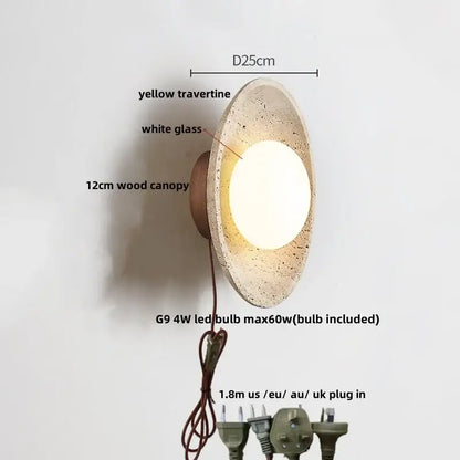 Yellow travertine circular led wall lights with white glass center and wood canopy for bedroom decorbites led wall sconce set