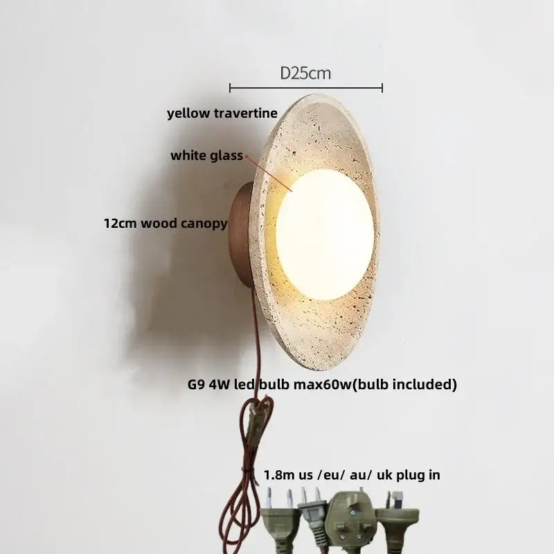 Yellow travertine circular led wall lights with white glass center and wood canopy for bedroom decorbites led wall sconce set