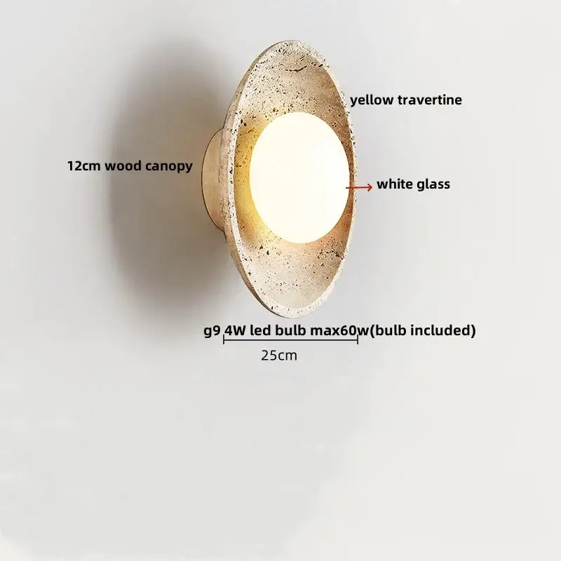 Yellow travertine circular led wall lights with textured canopy white glass diffuser and 12cm wood base for bedroom decorbites led wall